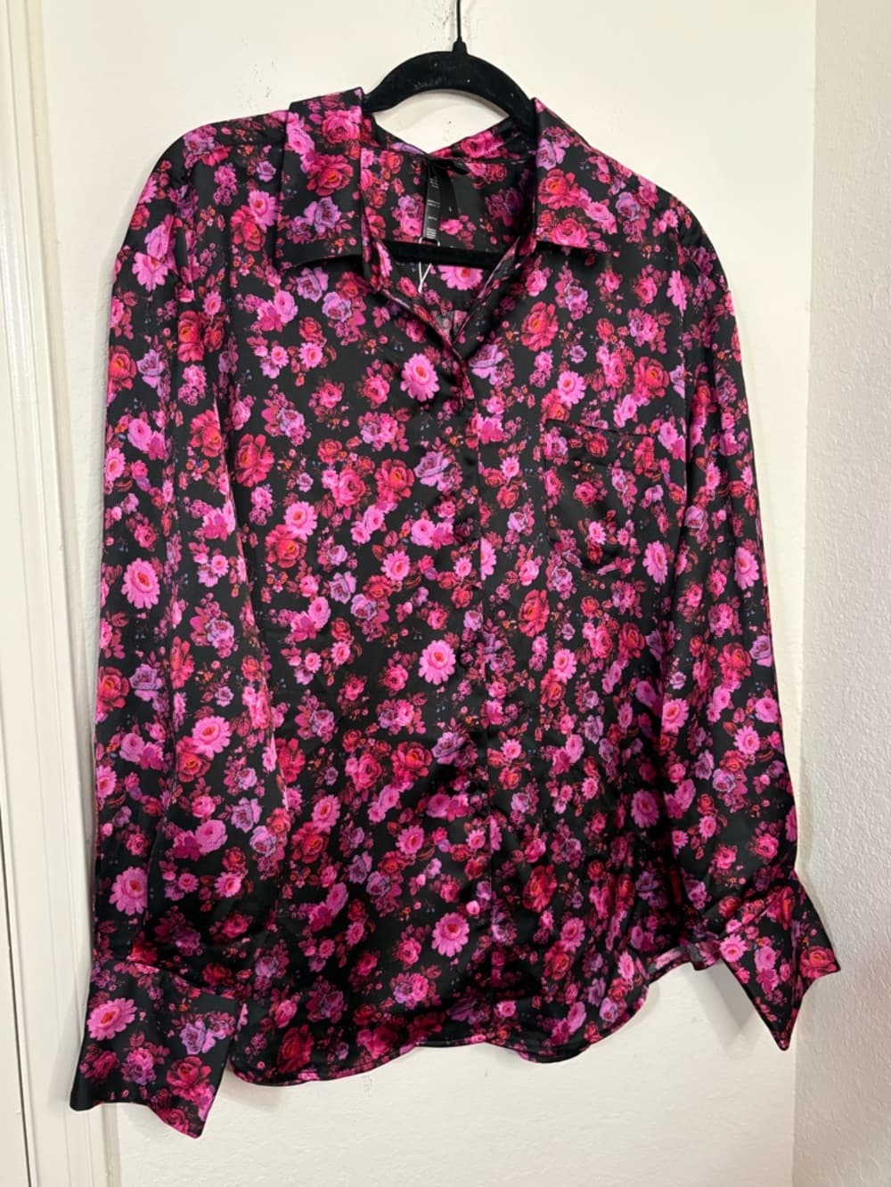 For Love & Lemons Floral Lola Silk-Like Button Down Top pink and black size L - Thumbnail 2