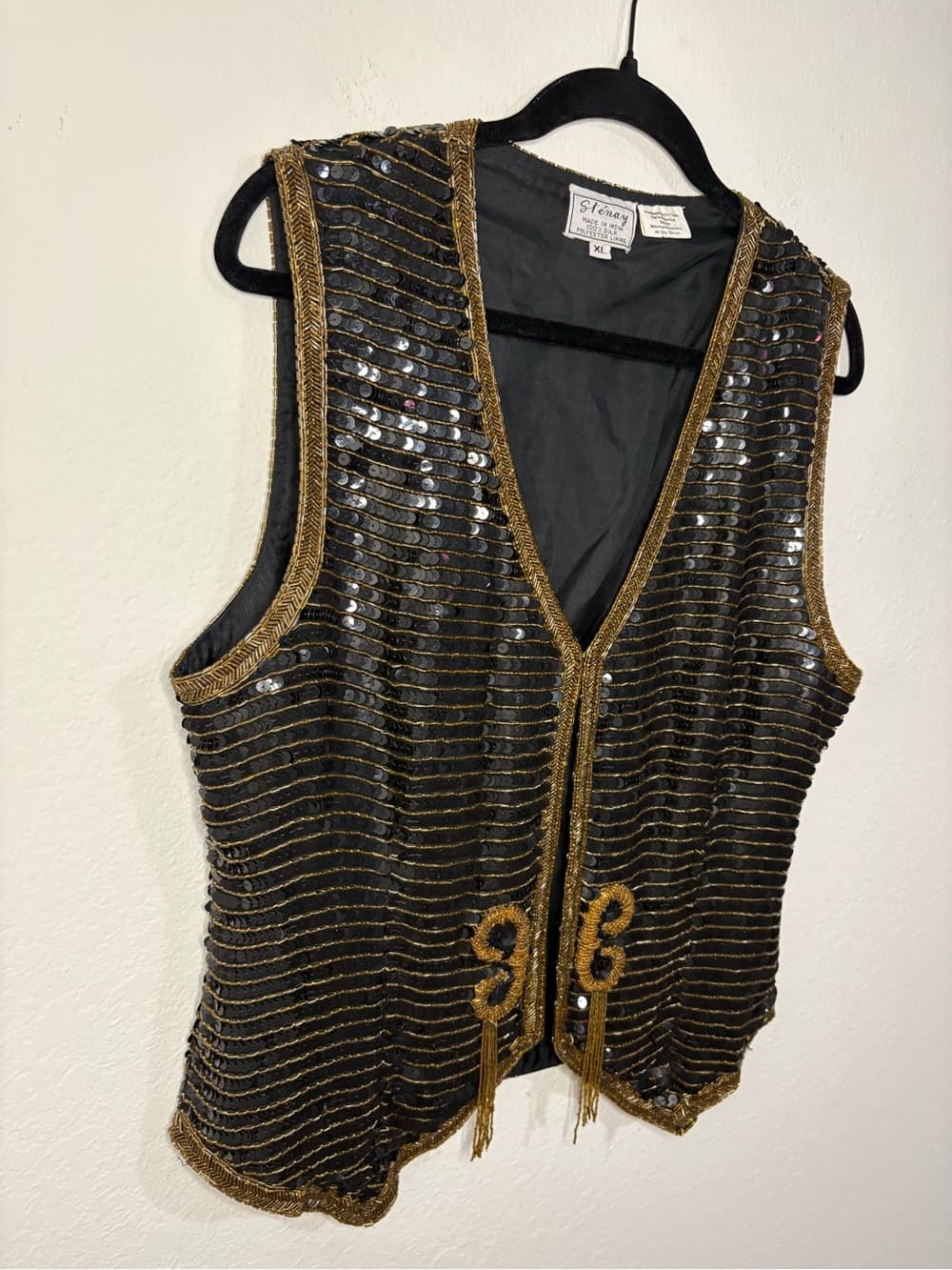 Vintage Stenay Black Sequin Beaded 100% Silk Vest with Gold Trim size XL - Thumbnail 2