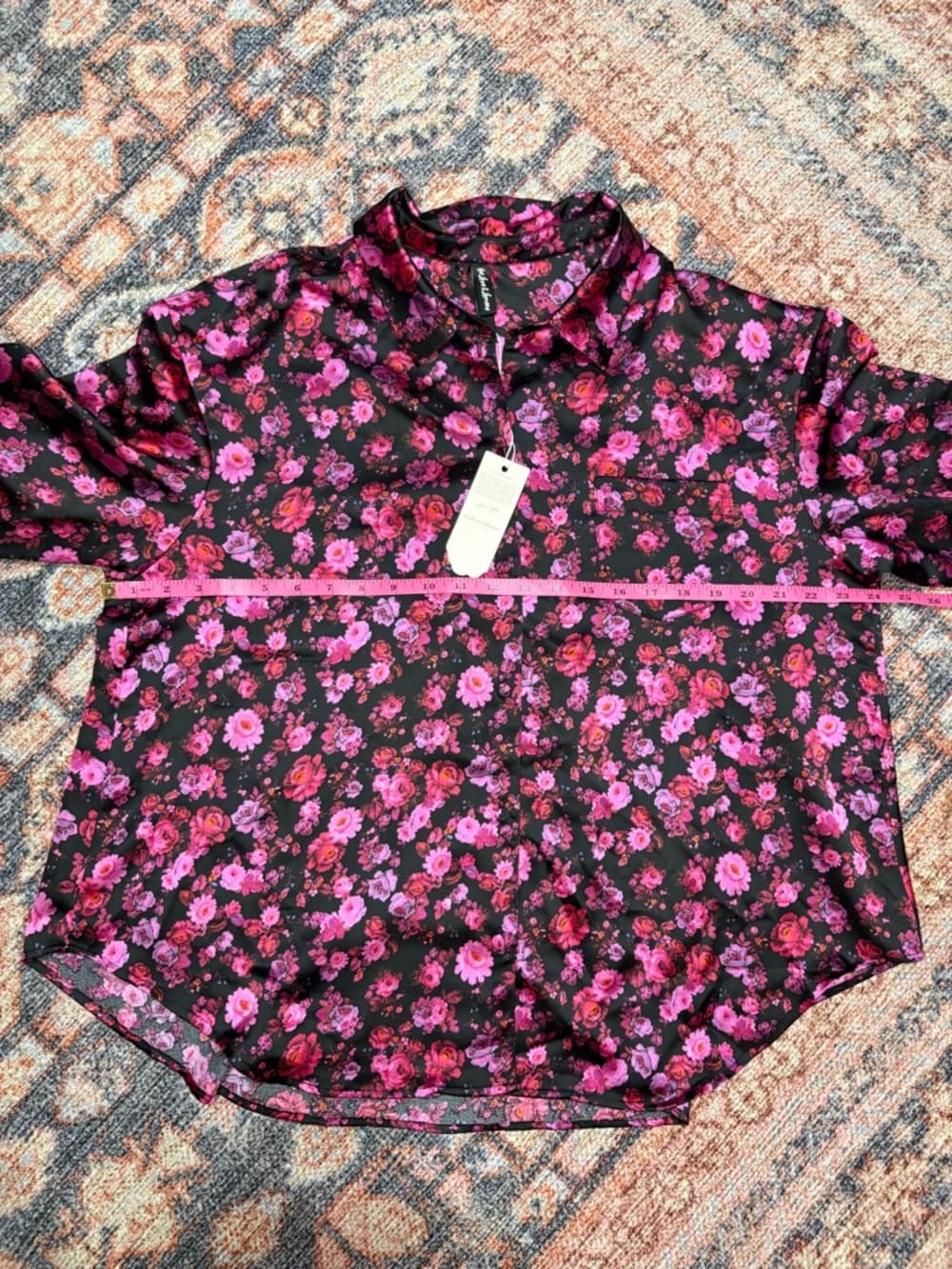 For Love & Lemons Floral Lola Silk-Like Button Down Top pink and black size L - Thumbnail 11
