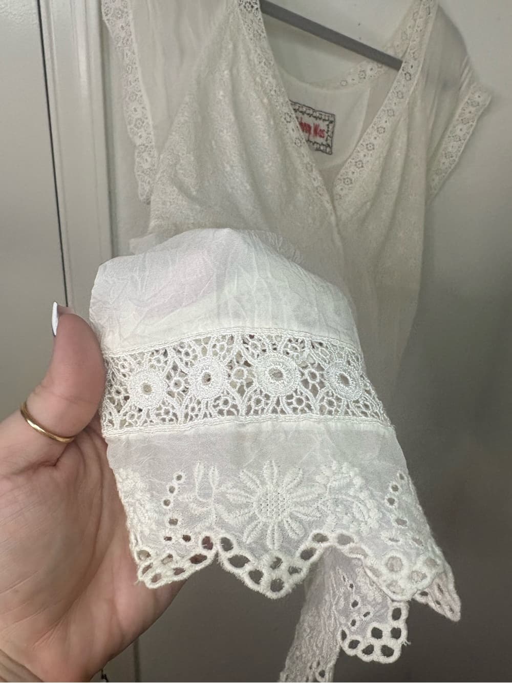 Johnny Was Ivory Embroidered Lace Boho Peasant Blouse Sheer Sleeve Medium - Thumbnail 16