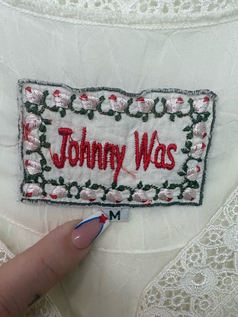 Johnny Was Ivory Embroidered Lace Boho Peasant Blouse Sheer Sleeve Medium - Thumbnail 4