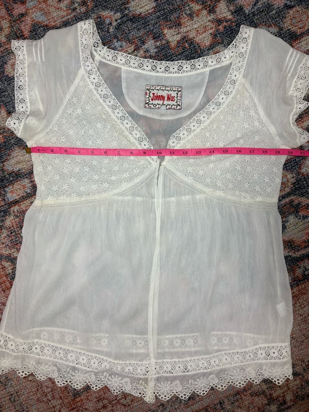 Johnny Was Ivory Embroidered Lace Boho Peasant Blouse Sheer Sleeve Medium - Thumbnail 13