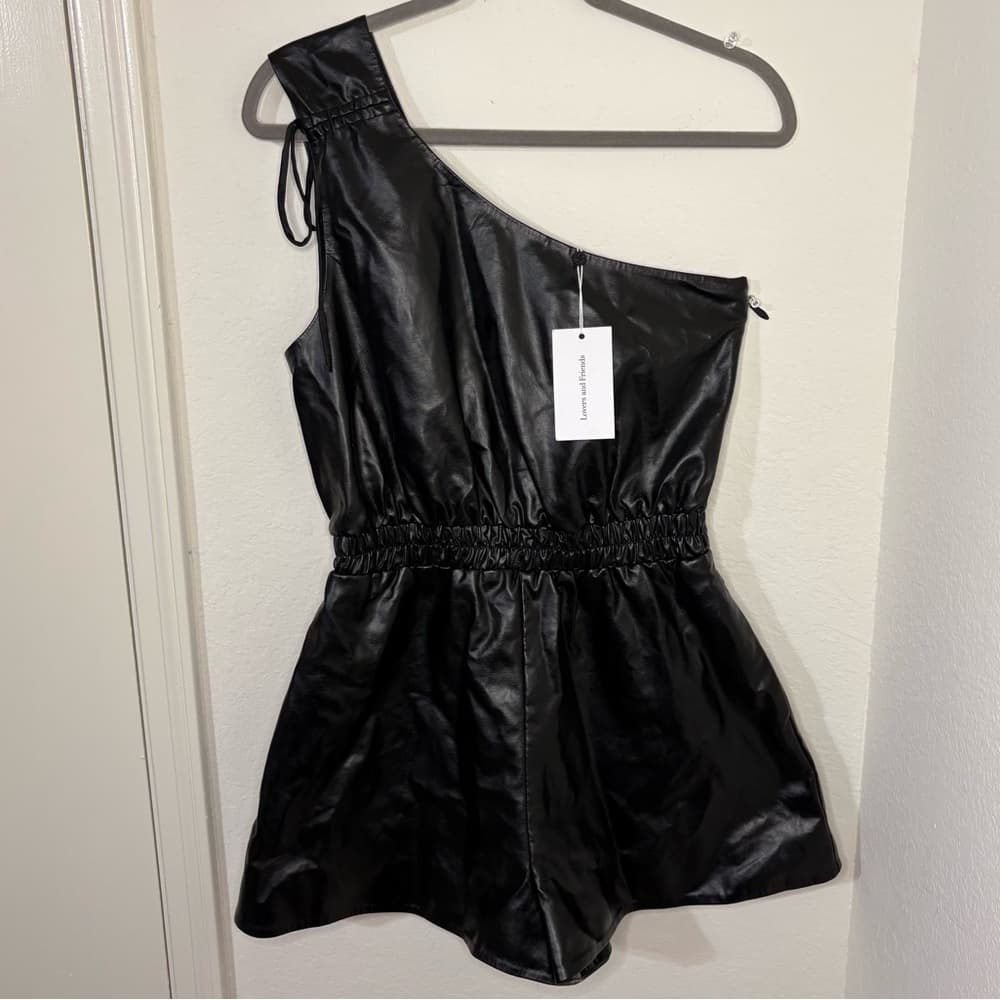 Lovers and Friends REVOLE Black Faux Leather Sleek One Shoulder Romper NWT - Thumbnail 2
