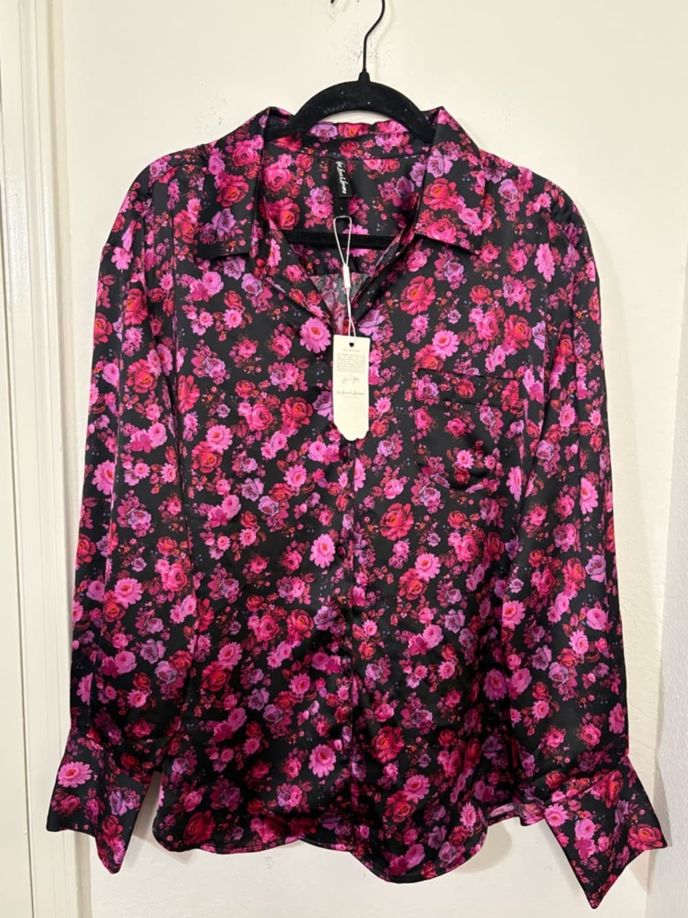 For Love & Lemons Floral Lola Silk-Like Button Down Top pink and black size L - Thumbnail 3