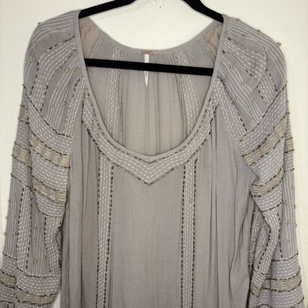 Free People Gray Beaded Embroidered Tunic Top size small - Thumbnail 5