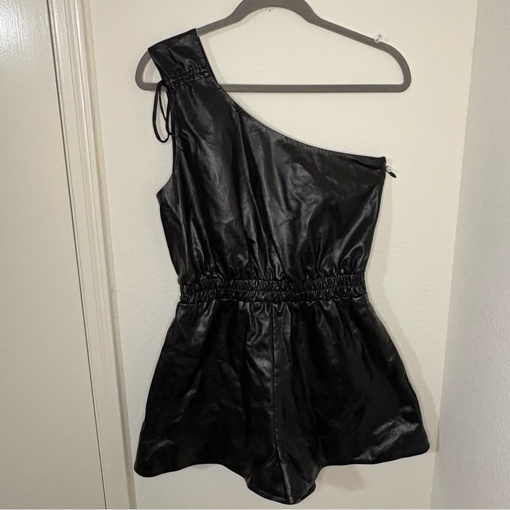 Lovers and Friends REVOLE Black Faux Leather Sleek One Shoulder Romper NWT - Thumbnail 3