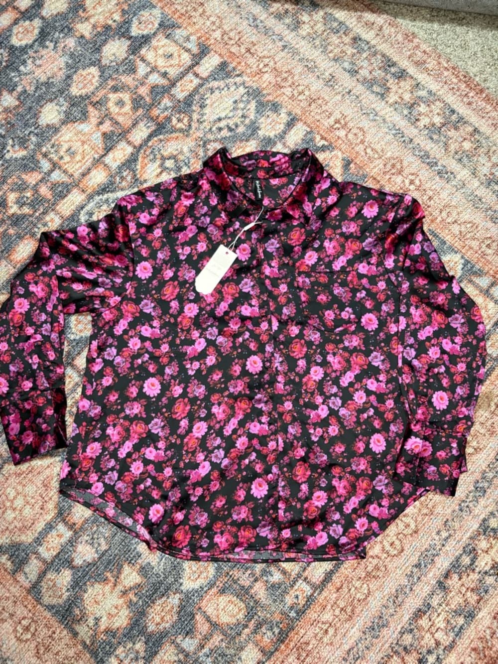 For Love & Lemons Floral Lola Silk-Like Button Down Top pink and black size L - Thumbnail 13