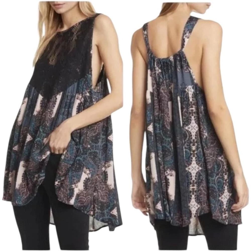 Free People Count Me In Trapeze Tunic Top black / pink combo paisley with lace - Thumbnail 7
