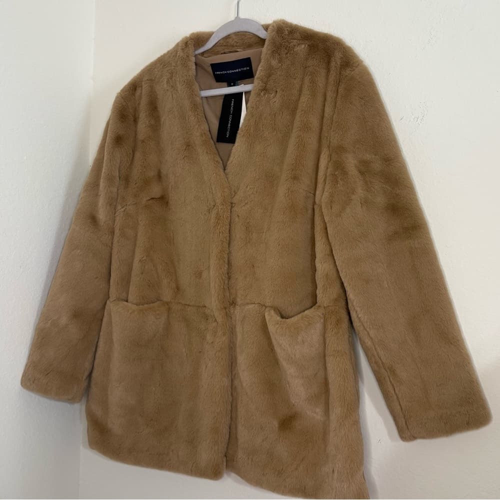 French Connection Camel Buona Faux Fur Coat Jacket NWT - Thumbnail 2