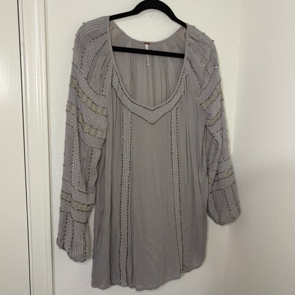 Free People Gray Beaded Embroidered Tunic Top size small - Thumbnail 2