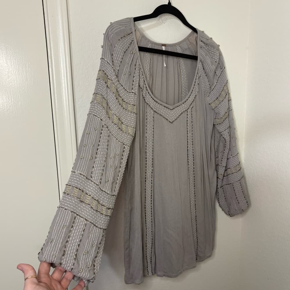 Free People Gray Beaded Embroidered Tunic Top size small - Thumbnail 3