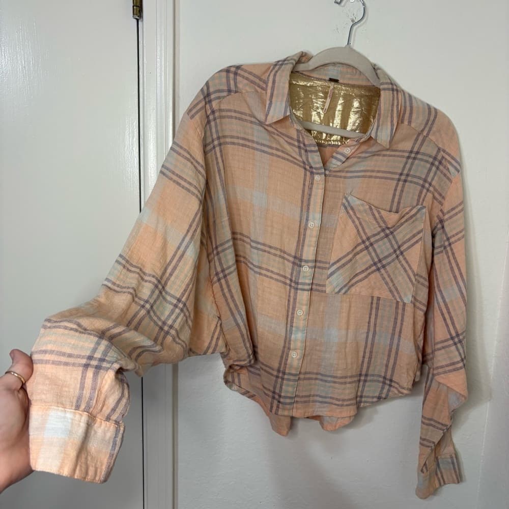 Free People Cutie Cropped Plaid Shirt Oversized Dolman Sleeve Top Size Medium - Thumbnail 9