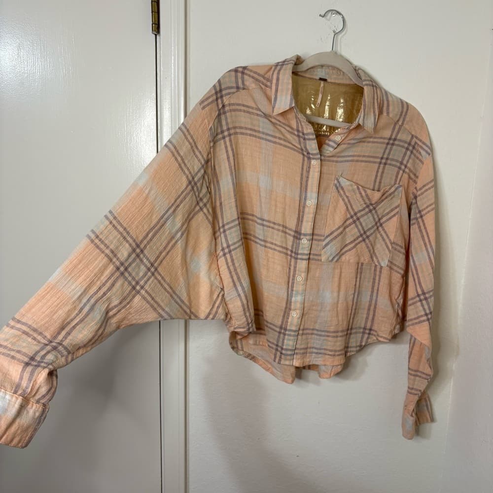 Free People Cutie Cropped Plaid Shirt Oversized Dolman Sleeve Top Size Medium - Thumbnail 5