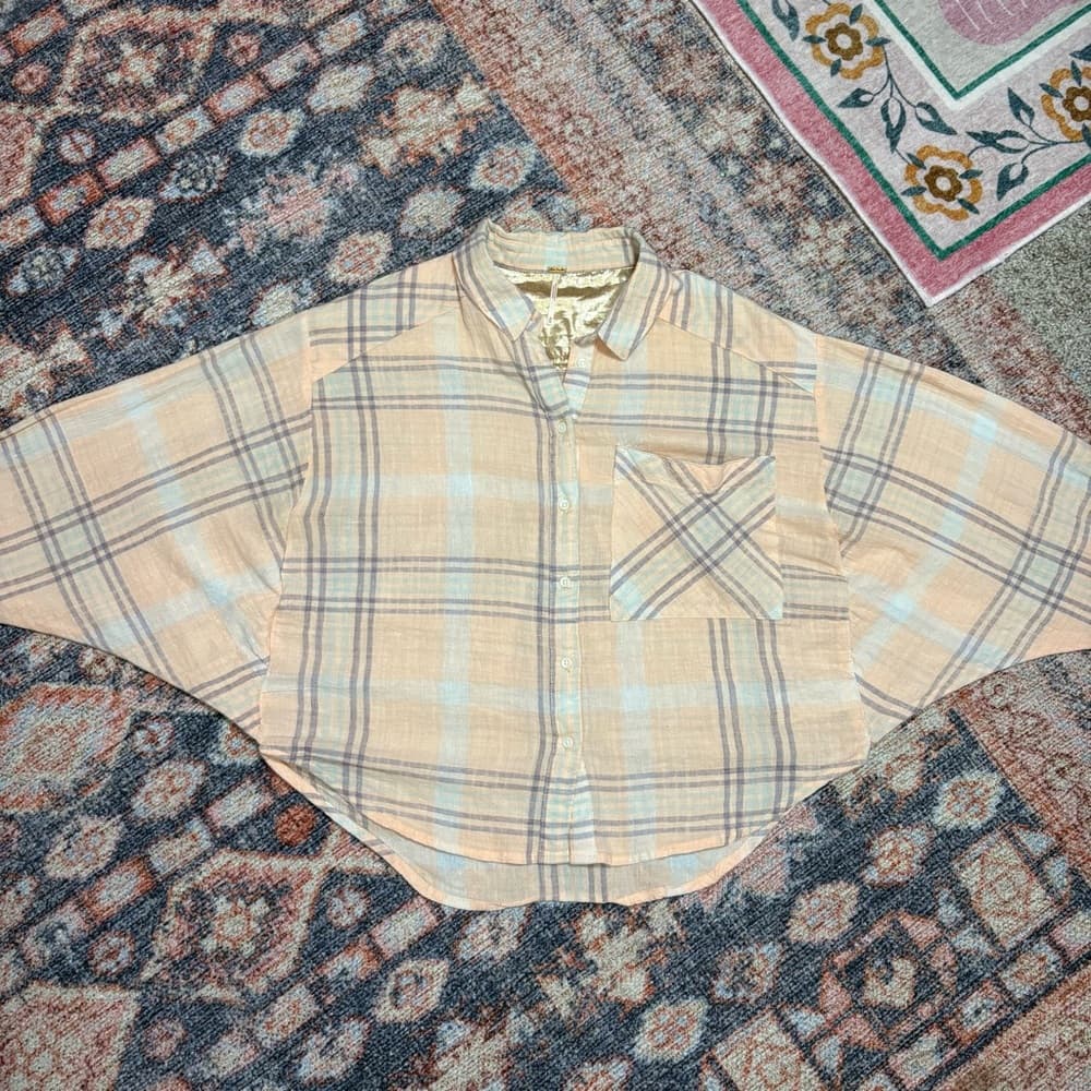 Free People Cutie Cropped Plaid Shirt Oversized Dolman Sleeve Top Size Medium - Thumbnail 14