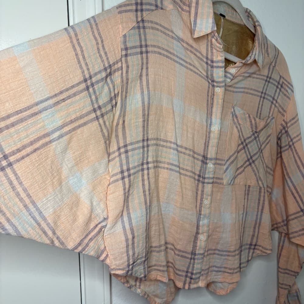 Free People Cutie Cropped Plaid Shirt Oversized Dolman Sleeve Top Size Medium - Thumbnail 7