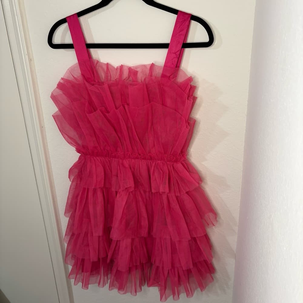Storia Pink Tulle Ruffle Mini Dress - Thumbnail 4