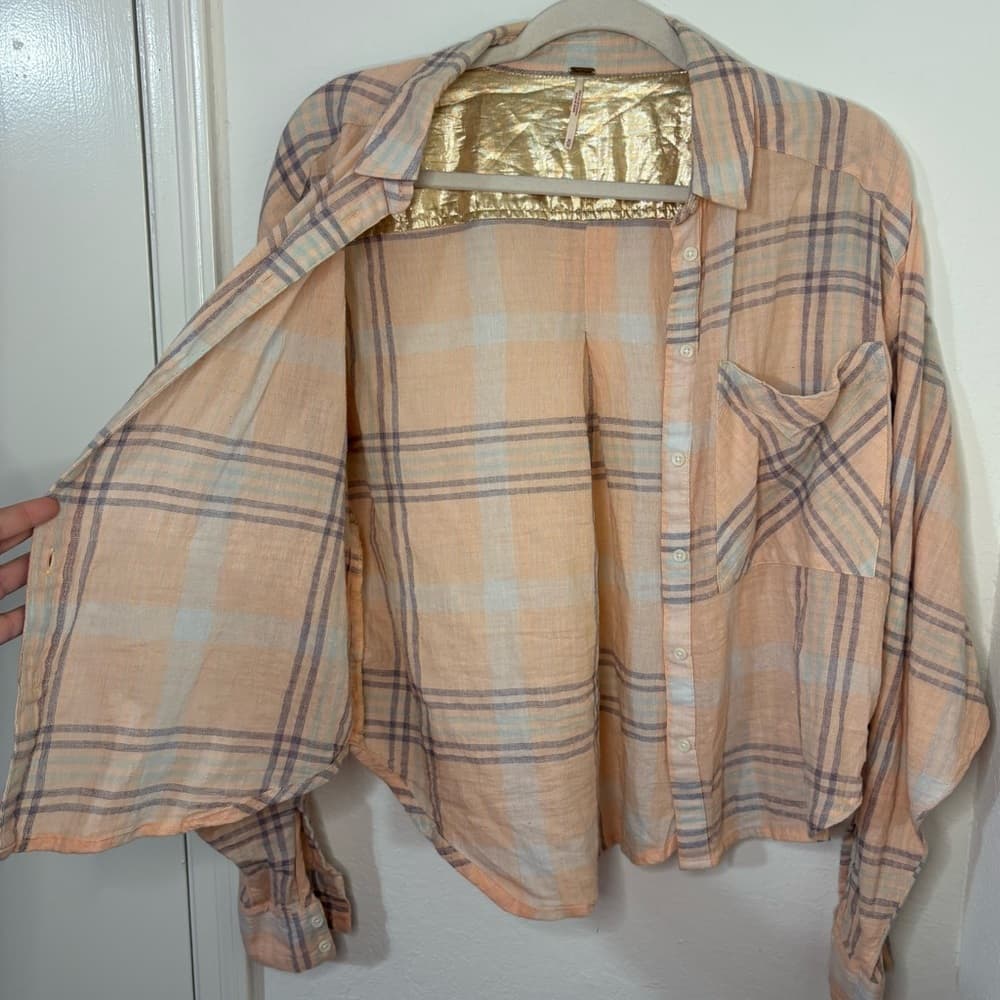 Free People Cutie Cropped Plaid Shirt Oversized Dolman Sleeve Top Size Medium - Thumbnail 3