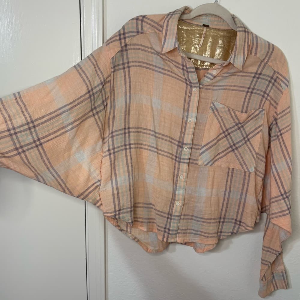 Free People Cutie Cropped Plaid Shirt Oversized Dolman Sleeve Top Size Medium - Thumbnail 8