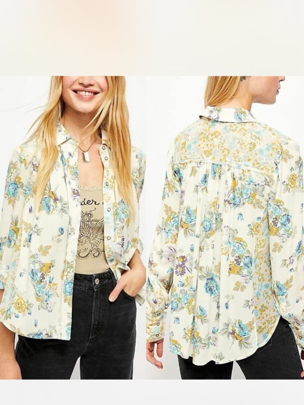 Free People Hold On To Me Floral Printed Blouse oversized Top size Medium - Thumbnail 10