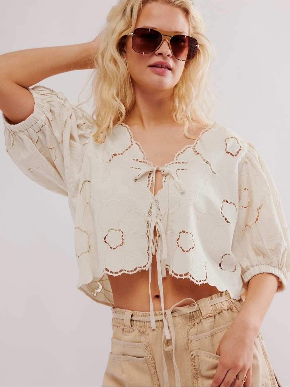 Free People June Top with balloon sleeves and floral embroidery tie front size S - Thumbnail 2