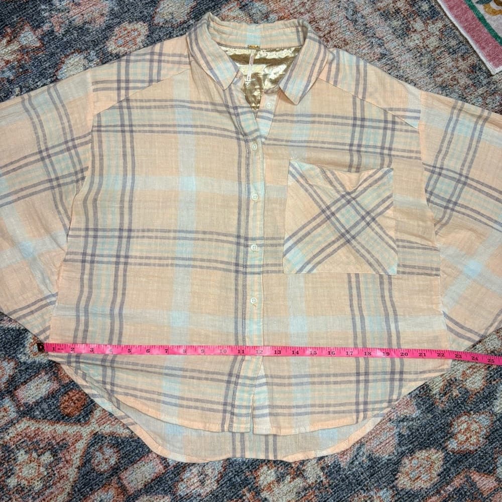 Free People Cutie Cropped Plaid Shirt Oversized Dolman Sleeve Top Size Medium - Thumbnail 15