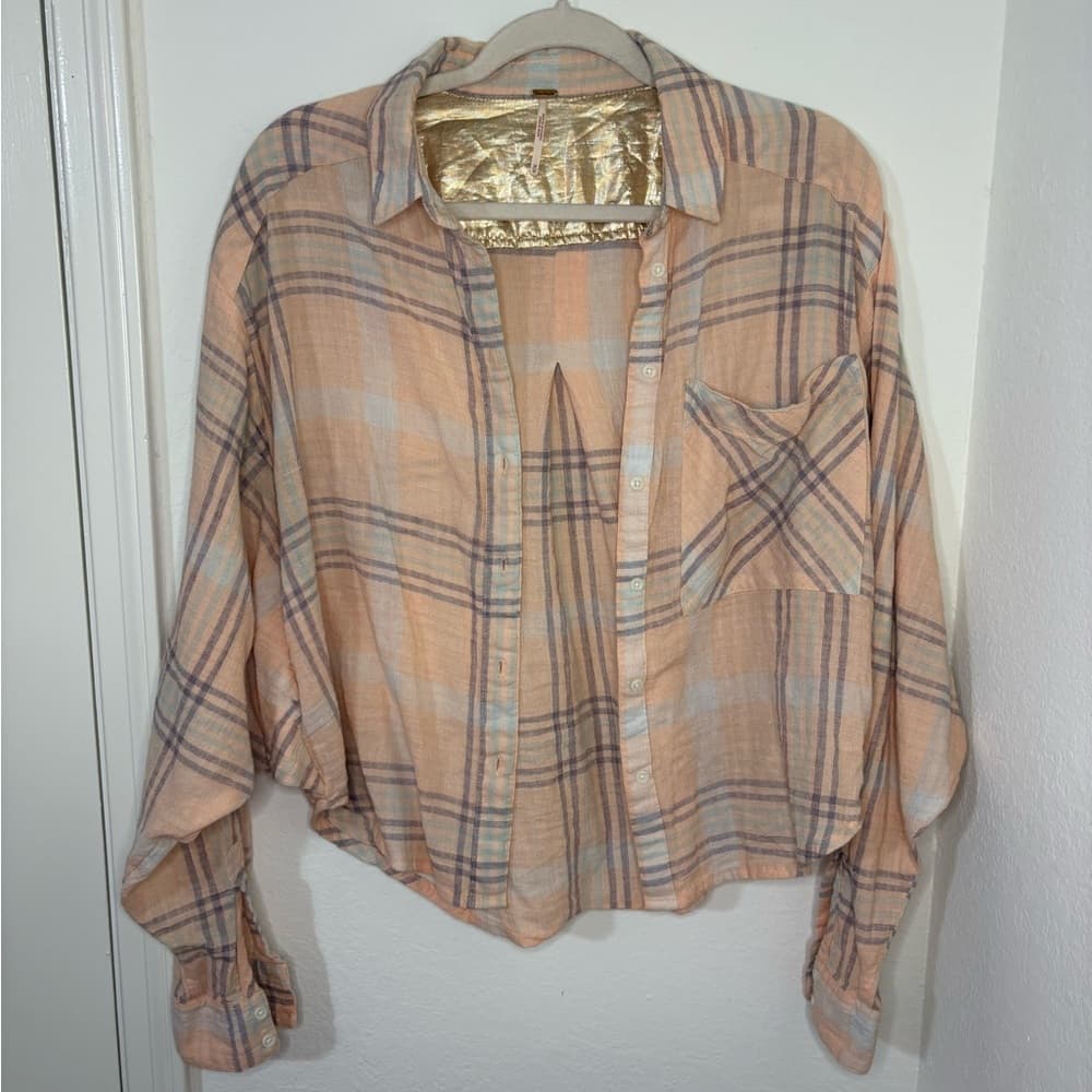 Free People Cutie Cropped Plaid Shirt Oversized Dolman Sleeve Top Size Medium - Thumbnail 2