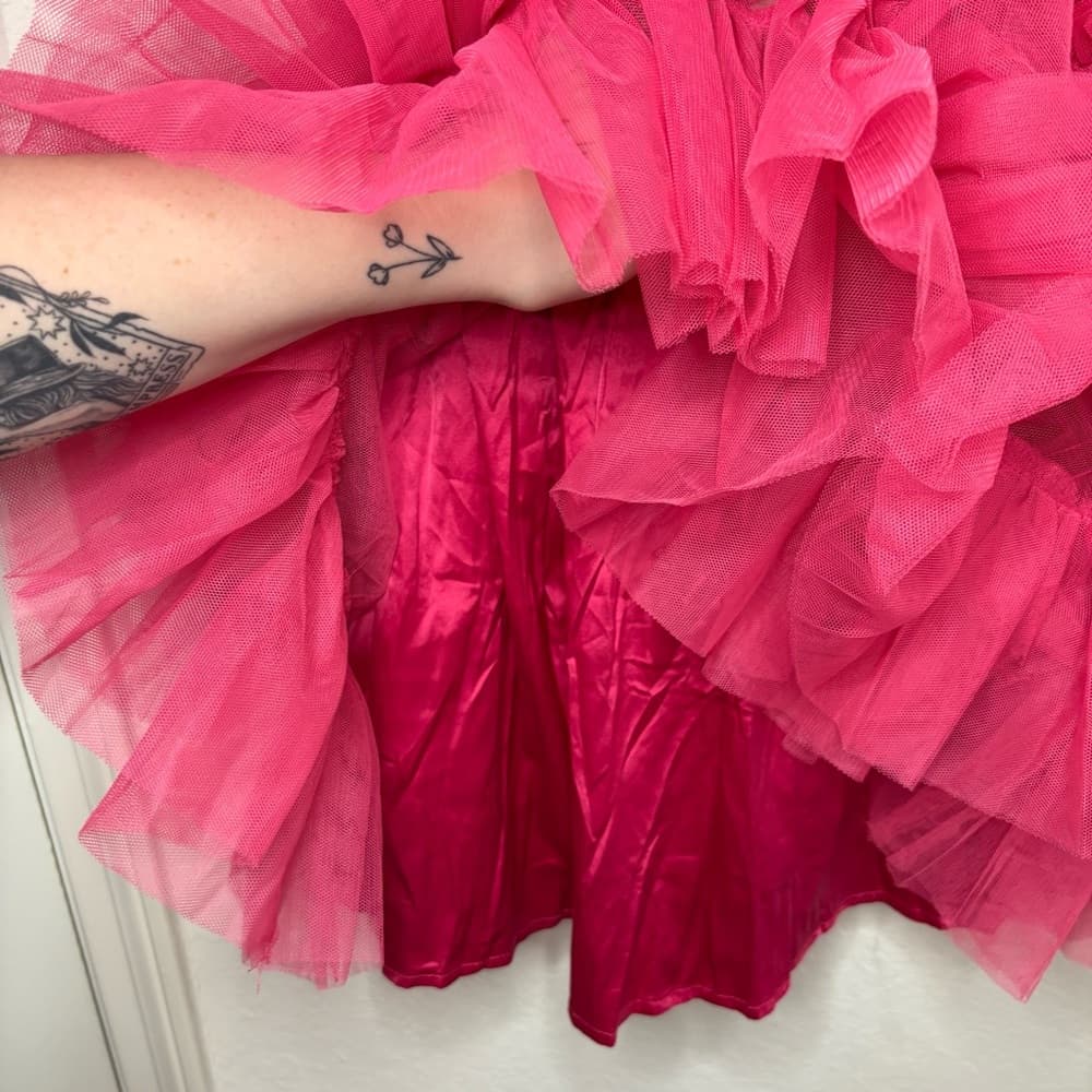 Storia Pink Tulle Ruffle Mini Dress - Thumbnail 8