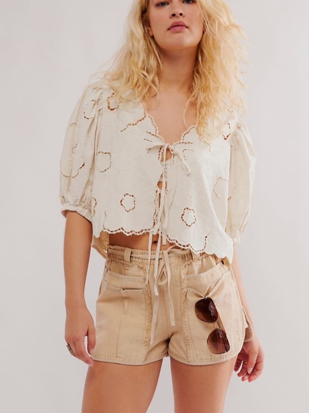 Free People June Top with balloon sleeves and floral embroidery tie front size S - Thumbnail 10