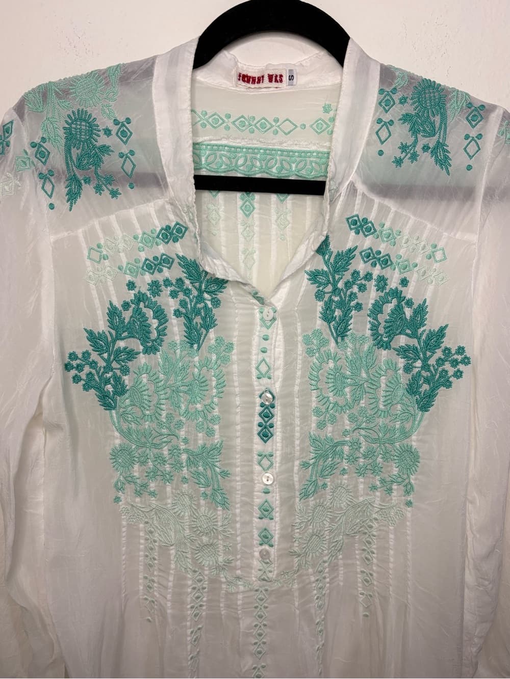 Johnny Was Embroidered Rayon Tunic Top Teal Boho Floral embroidery size Small - Thumbnail 4