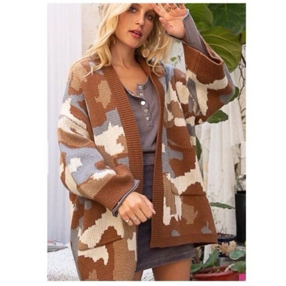 POL Neutral Camouflage open cardigan brown and blue with front pockets size L - Thumbnail 12