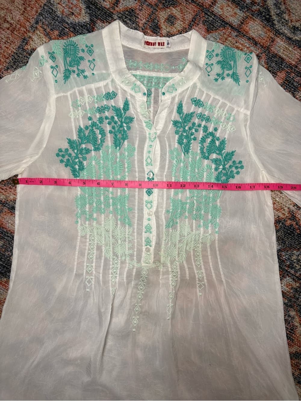 Johnny Was Embroidered Rayon Tunic Top Teal Boho Floral embroidery size Small - Thumbnail 9