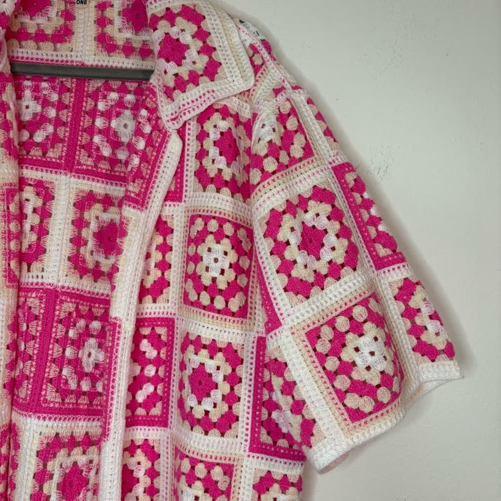 POL Pink and White Crochet Granny Square Button Up Shirt one size - Thumbnail 5