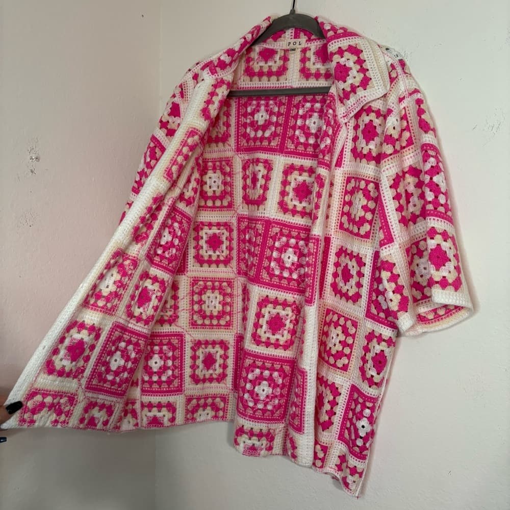 POL Pink and White Crochet Granny Square Button Up Shirt one size - Thumbnail 2