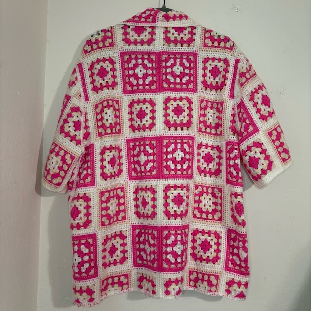 POL Pink and White Crochet Granny Square Button Up Shirt one size - Thumbnail 6