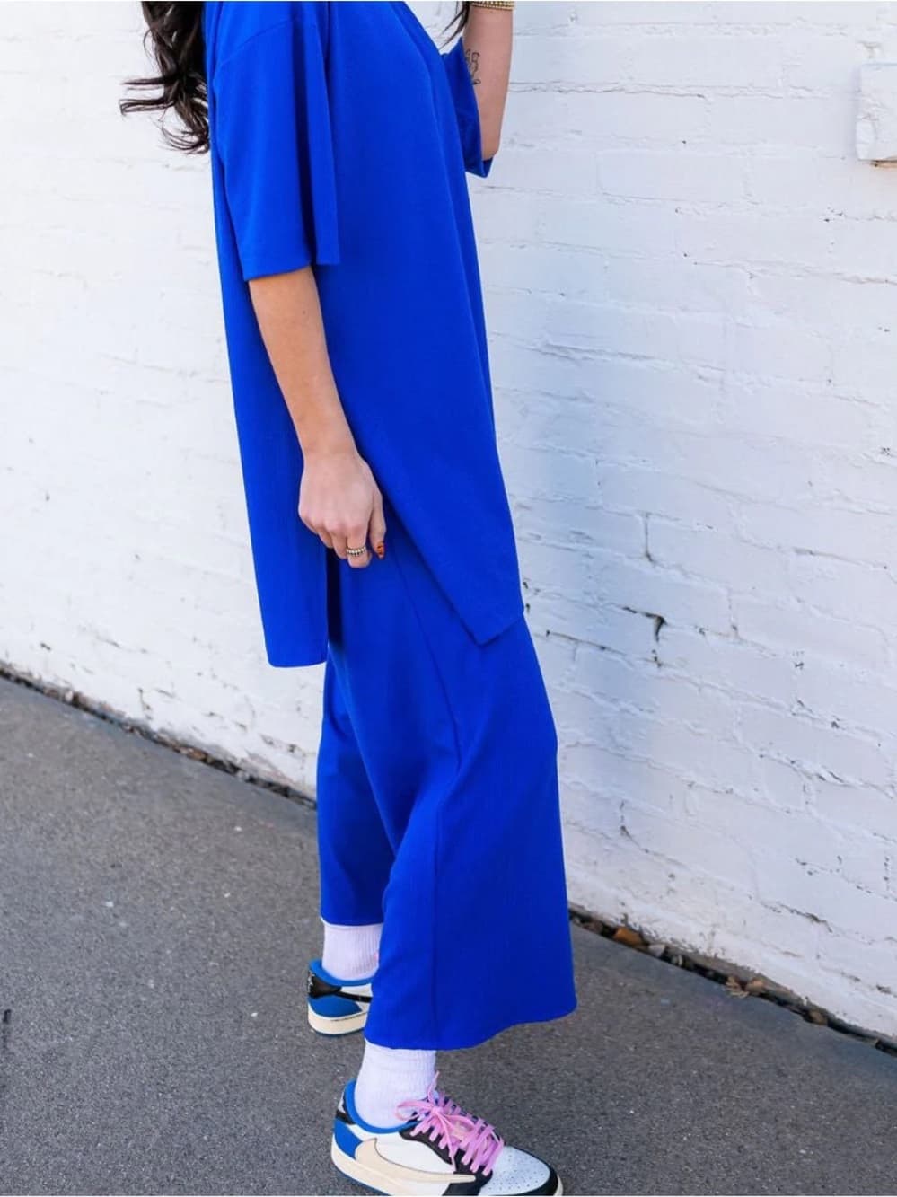 Dressed In LALA Lex Ribbed Flowy Wide Leg Pants in Royal Blue size XS/S - Thumbnail 2