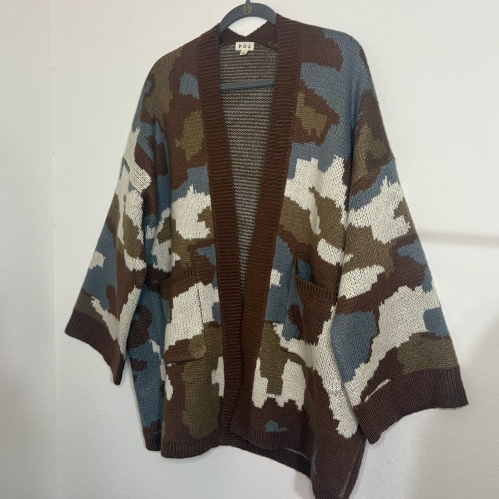 POL Neutral Camouflage open cardigan brown and blue with front pockets size L - Thumbnail 2