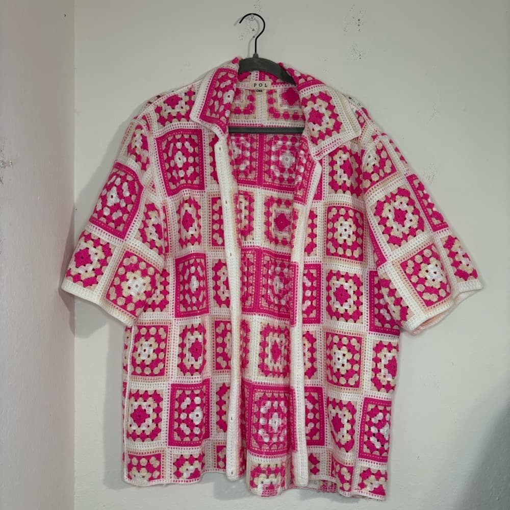 POL Pink and White Crochet Granny Square Button Up Shirt one size - Thumbnail 7