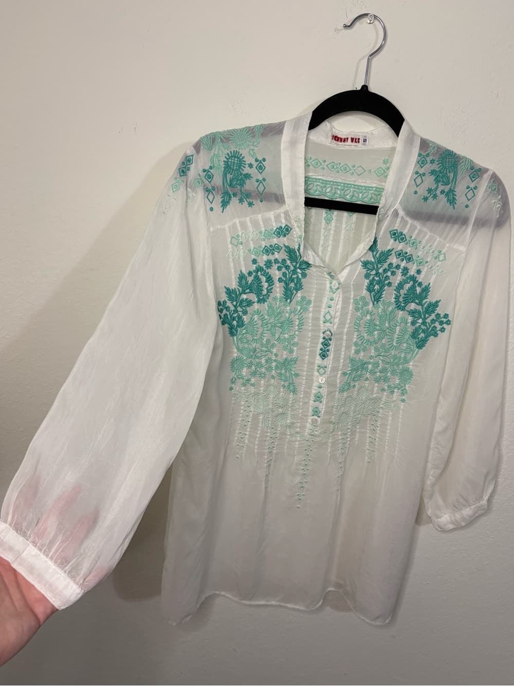 Johnny Was Embroidered Rayon Tunic Top Teal Boho Floral embroidery size Small - Thumbnail 8