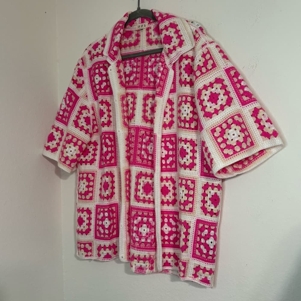 POL Pink and White Crochet Granny Square Button Up Shirt one size - Thumbnail 8