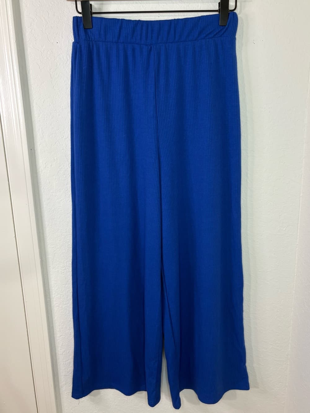 Dressed In LALA Lex Ribbed Flowy Wide Leg Pants in Royal Blue size XS/S