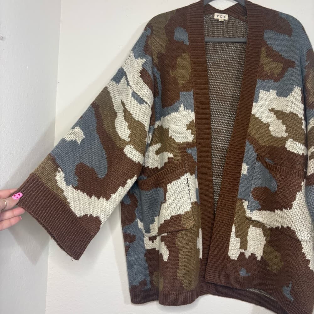 POL Neutral Camouflage open cardigan brown and blue with front pockets size L - Thumbnail 6
