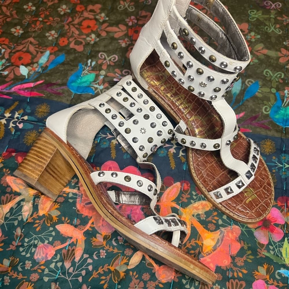 Sam Edelman Studded White and Brown heeled Gladiator Sandals - Thumbnail 2