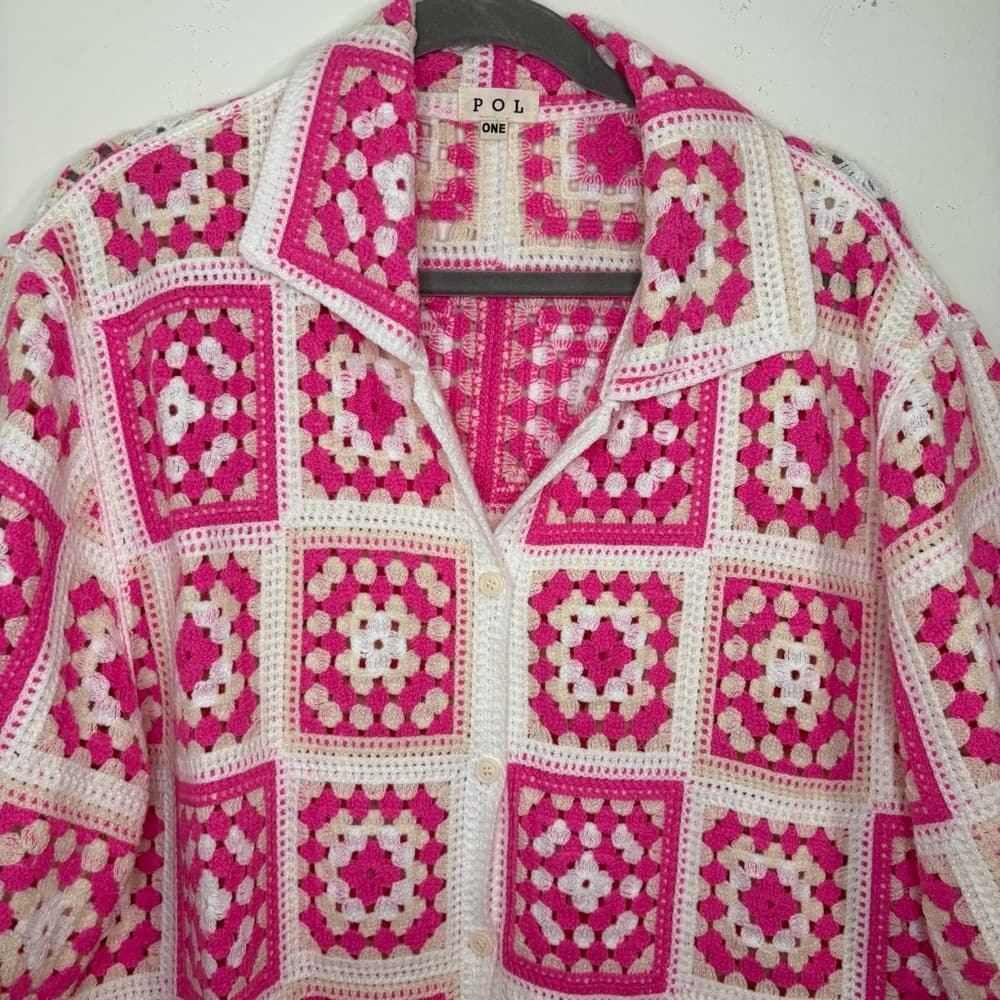 POL Pink and White Crochet Granny Square Button Up Shirt one size - Thumbnail 3