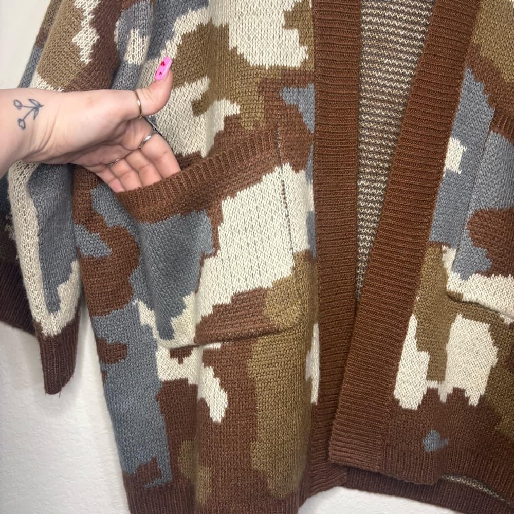 POL Neutral Camouflage open cardigan brown and blue with front pockets size L - Thumbnail 5
