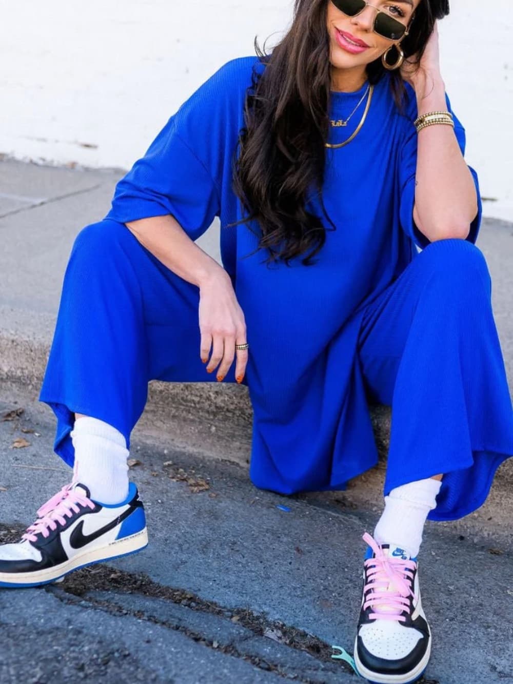 Dressed In LALA Lex Ribbed Flowy Wide Leg Pants in Royal Blue size XS/S - Thumbnail 7