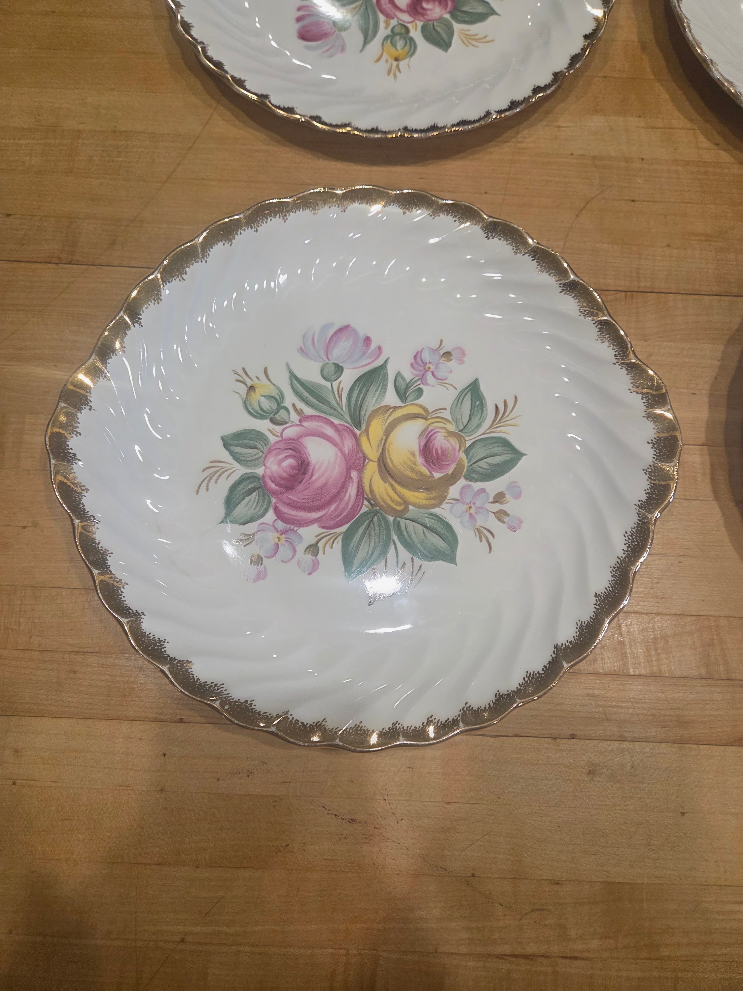 Vintage Royal Swirl Fine China Pink Yellow Rose Dinner Plates Set 4 Handled - Thumbnail 5