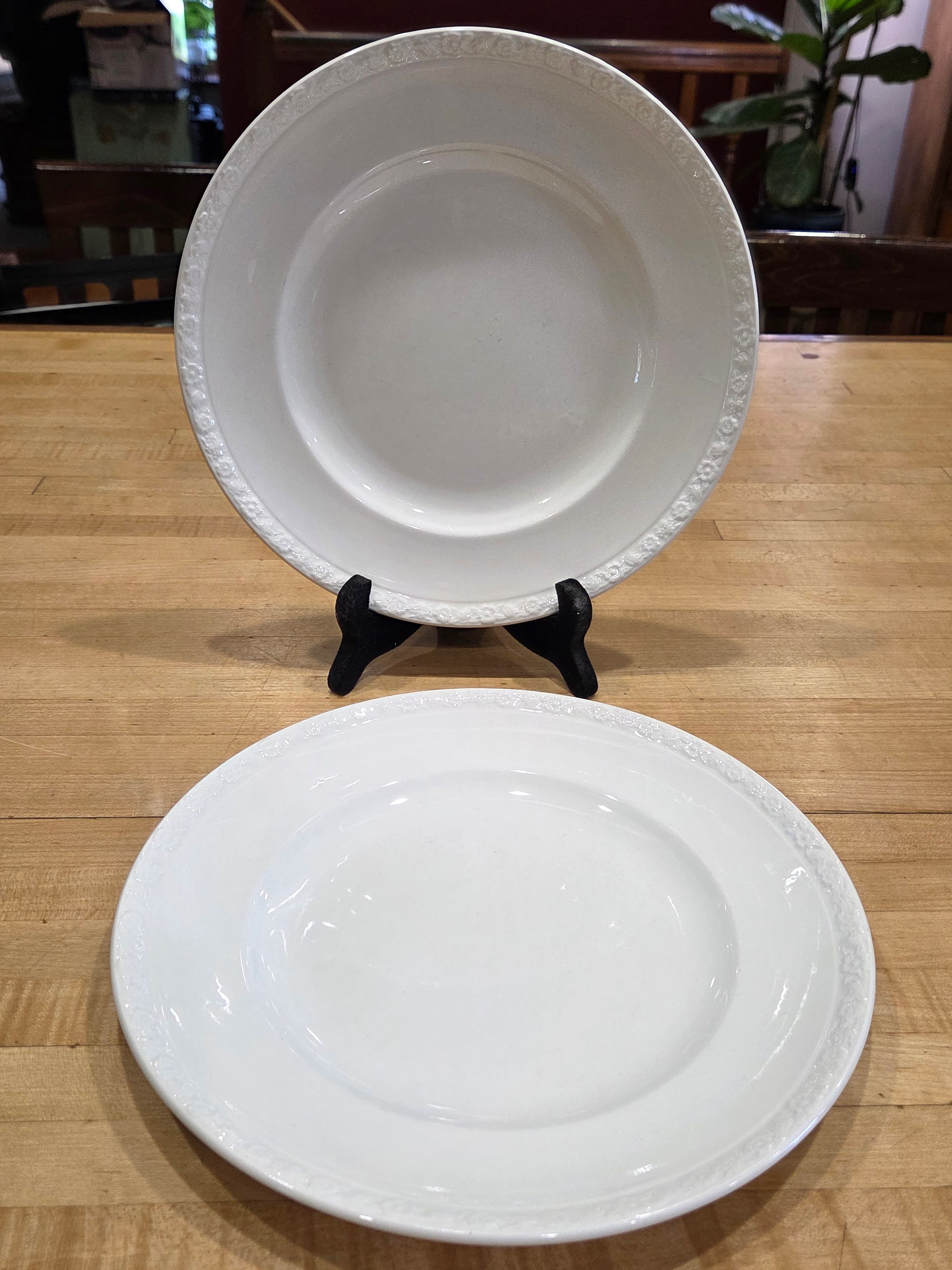 Vintage Enoch Wedgwood Tunstall White Ironstone Plates Set 2 Raised Fruit Rim
