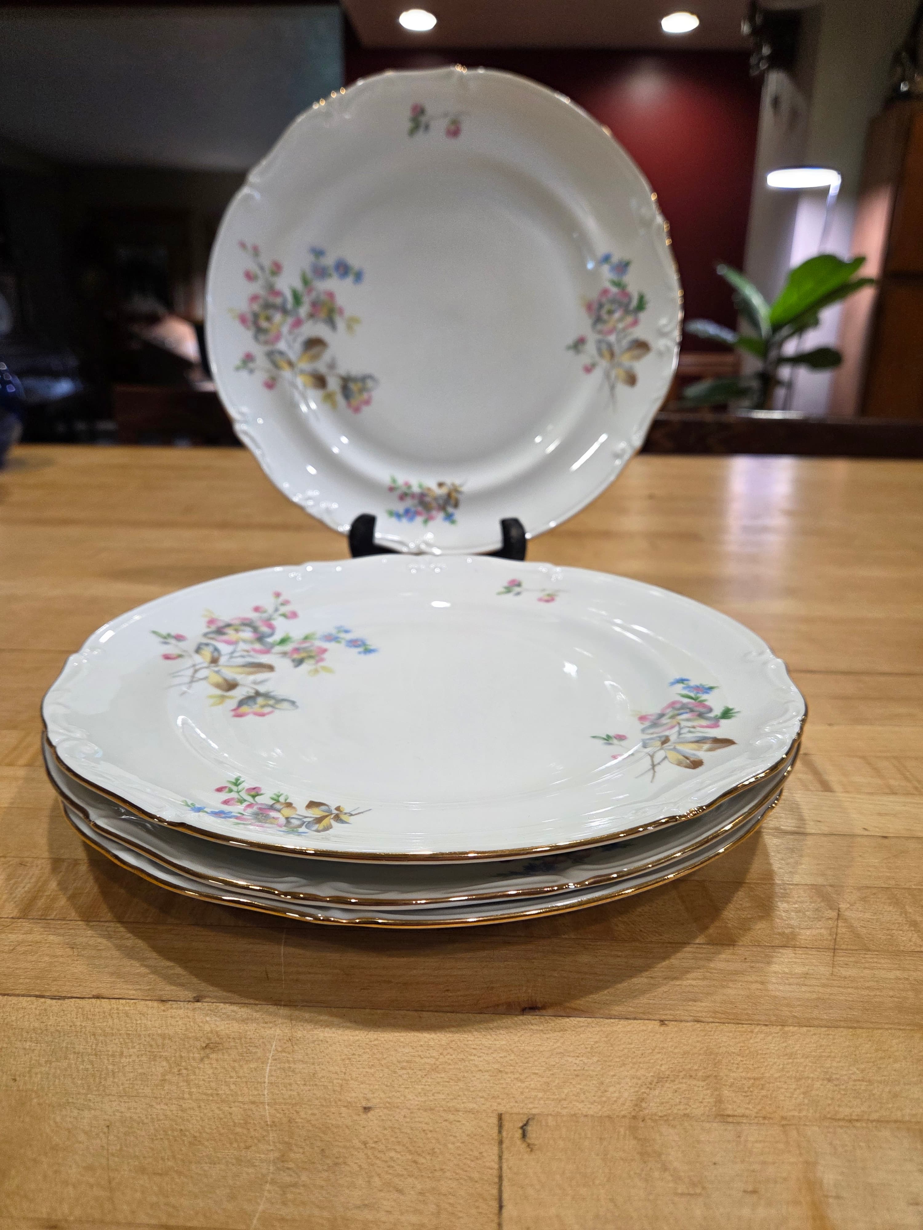 Vintage Elegant Pink Rose Blue Forget Me Not Dinner Plates Set of 4 Japan
