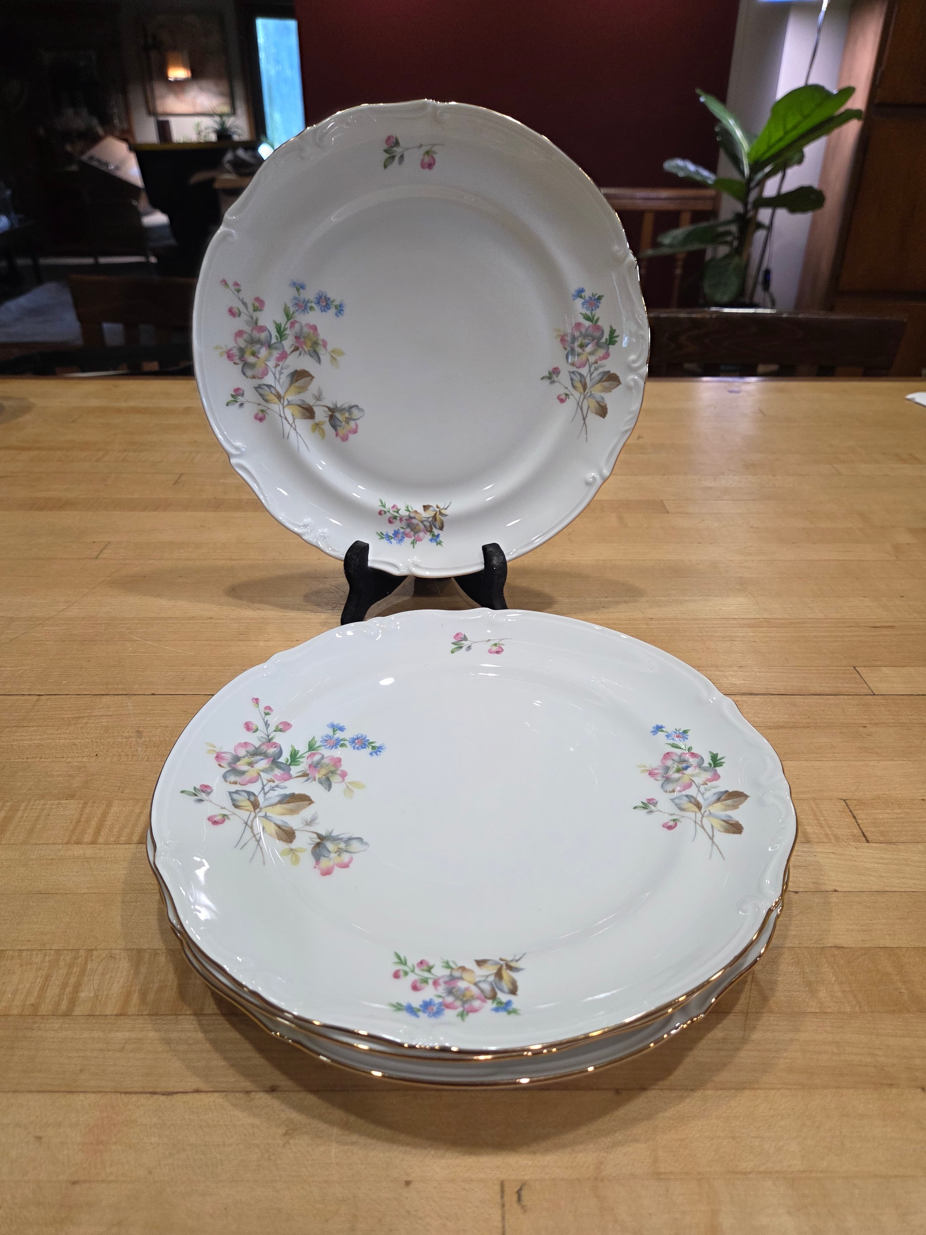 Vintage Elegant Pink Rose Blue Forget Me Not Dinner Plates Set of 4 Japan - Thumbnail 2