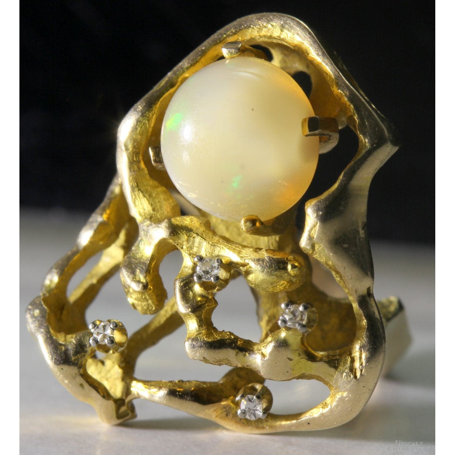 Vintage 14K Gold Natural Crystal Opal & Diamond Modernist Ring | Organic Freeform Design - Size 6 - Thumbnail 2